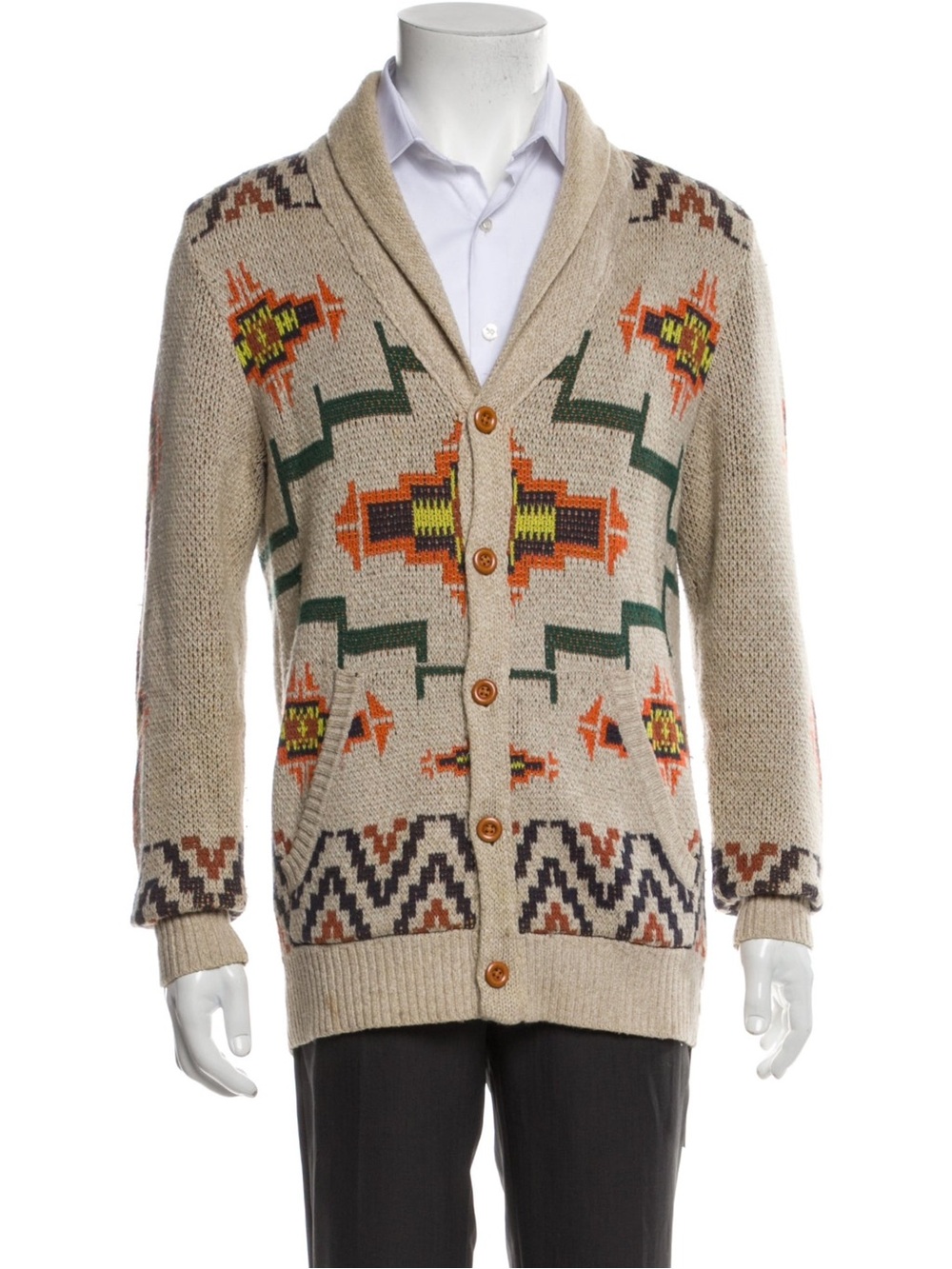 Koto Men's Shawl Collar Cardigan Sweater - Beige with Green & Orange Pattern